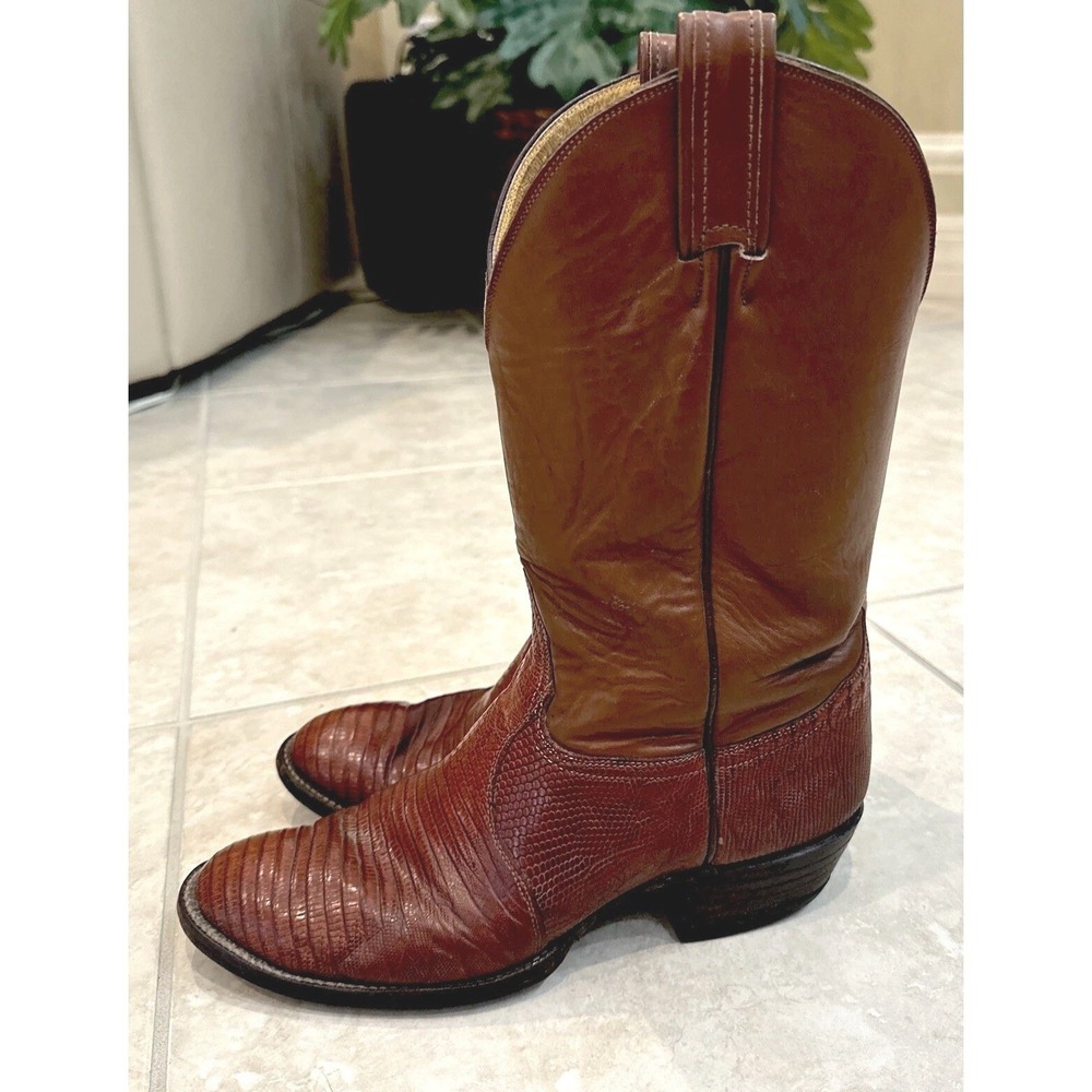VTG‎ Tony Lama Mens Lizard Skin Western Cowboy Boots Cognac Brown 8 D J 4445